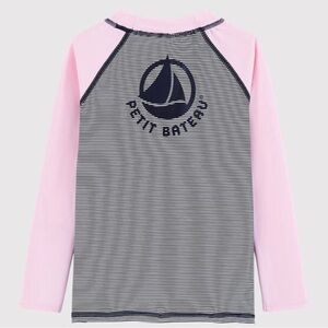 Petit Bateau Girls Navy & White Striped Rashguard with Pink Sleeves - Size 12Y